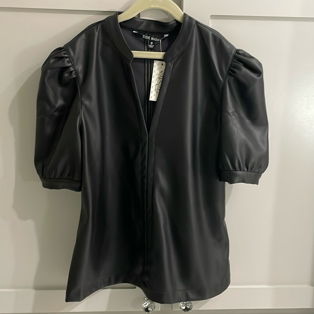 black faux leather top, puff sleeve and light v neck, small, brand new with tags